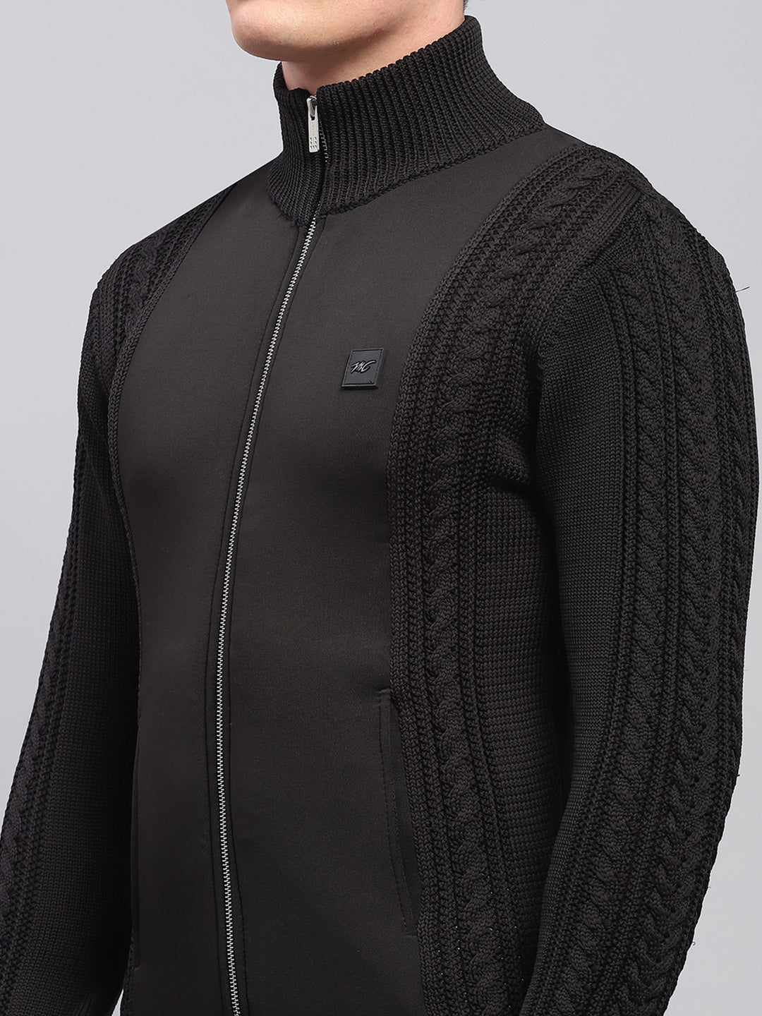 Men Black Self Design Mock Neck Full Sleeve Pullover