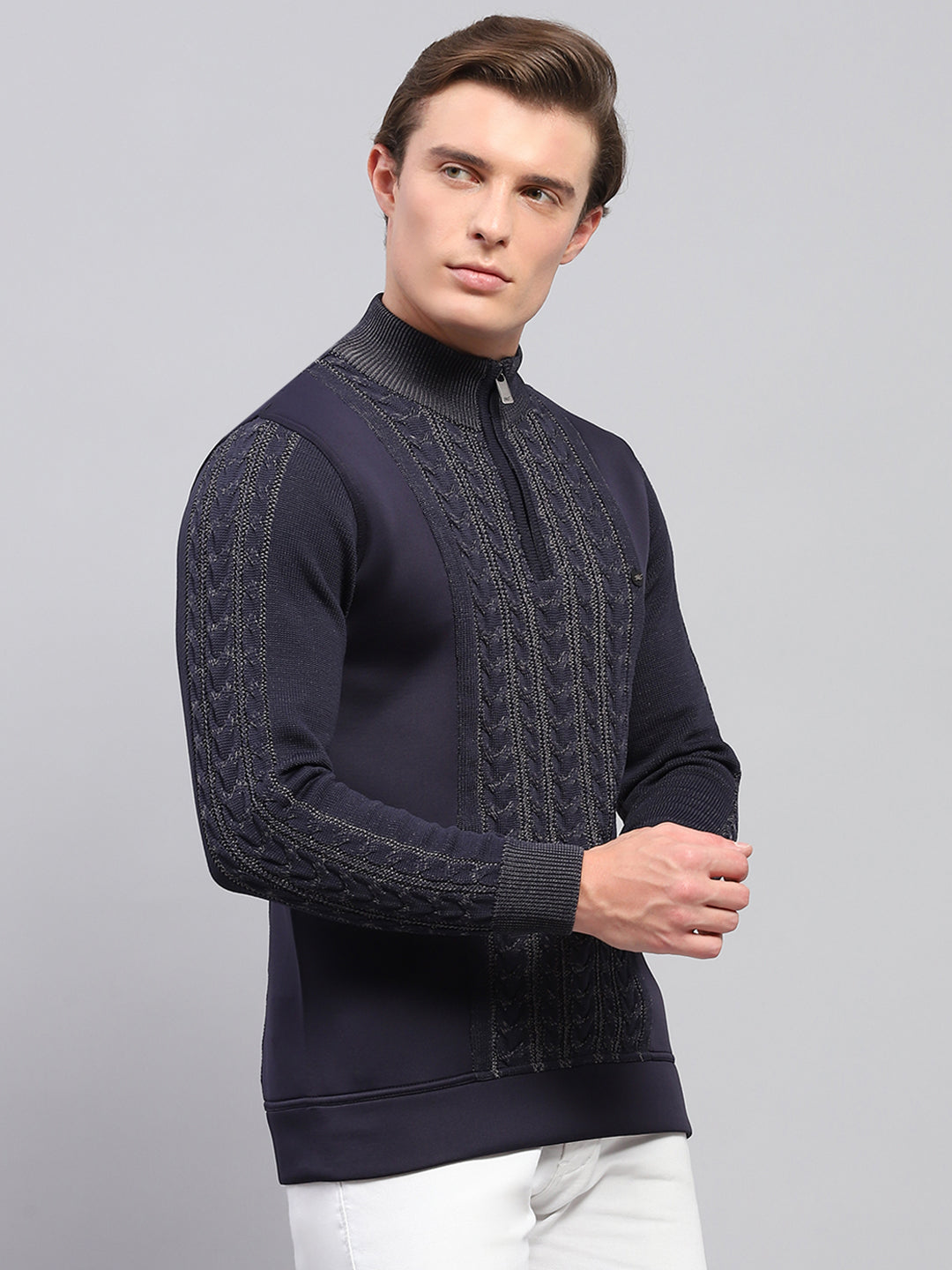 Men Navy Blue Self Design Mock Neck Full Sleeve Pullover