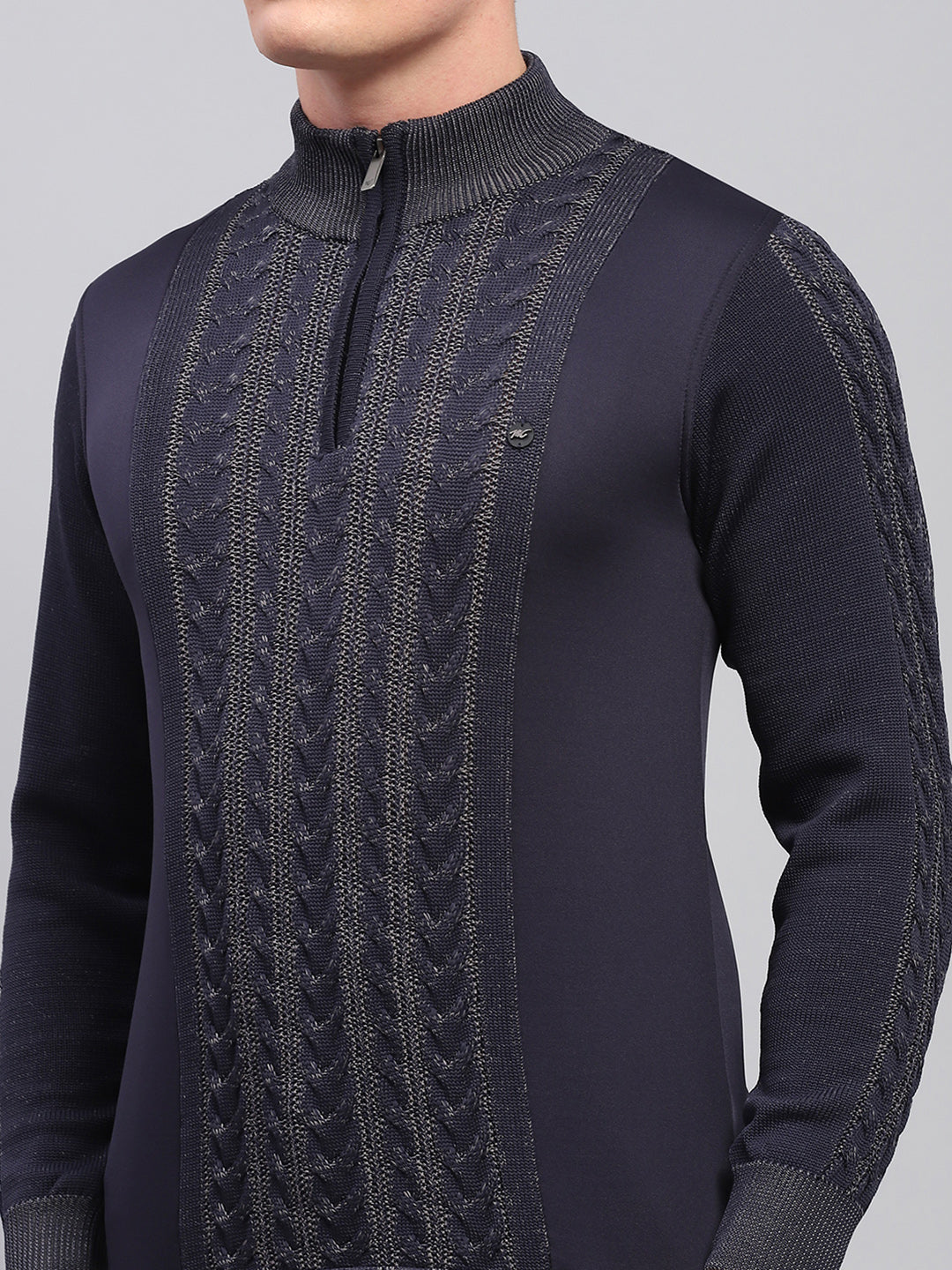 Men Navy Blue Self Design Mock Neck Full Sleeve Pullover