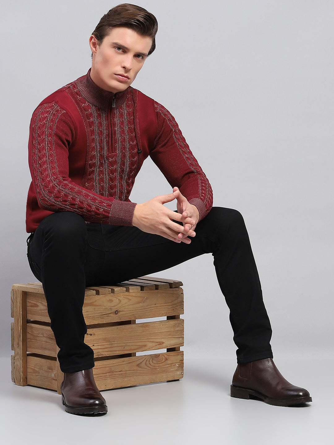 Men Maroon Self Design Mock Neck Full Sleeve Pullover