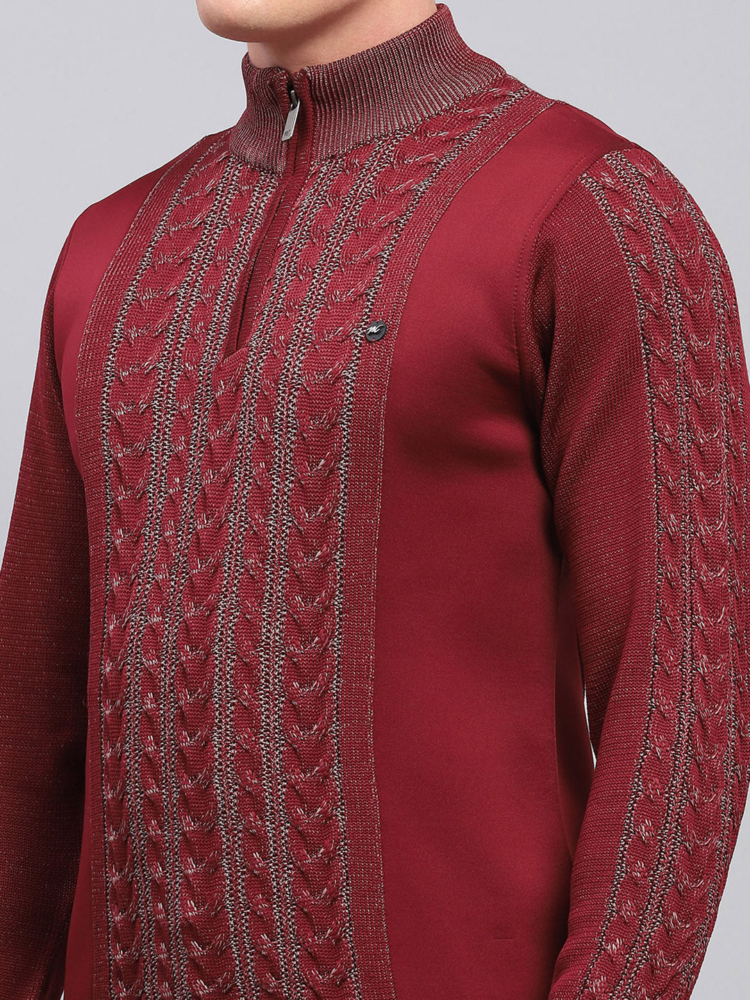 Men Maroon Self Design Mock Neck Full Sleeve Pullover