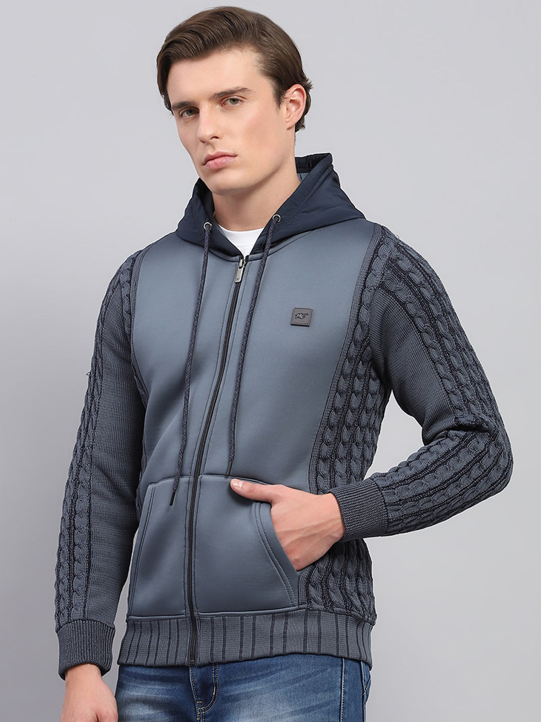 Men Grey Solid Hooded Full Sleeve Pullover