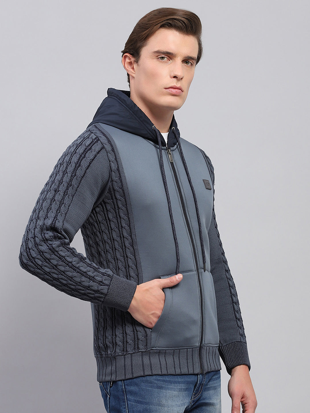 Men Grey Solid Hooded Full Sleeve Pullover