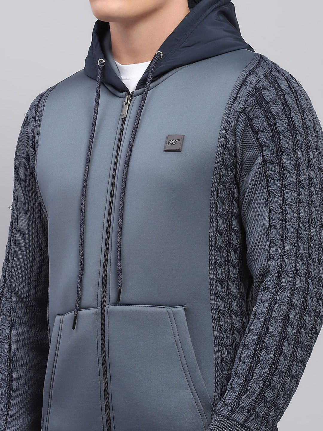 Men Grey Solid Hooded Full Sleeve Pullover