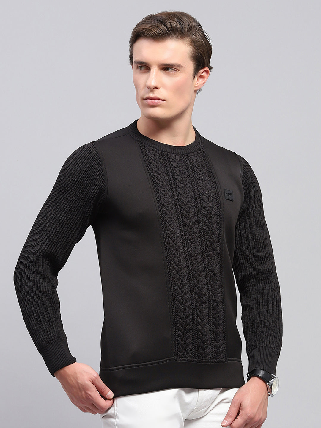 Men Black Self Design Round Neck Full Sleeve Pullover