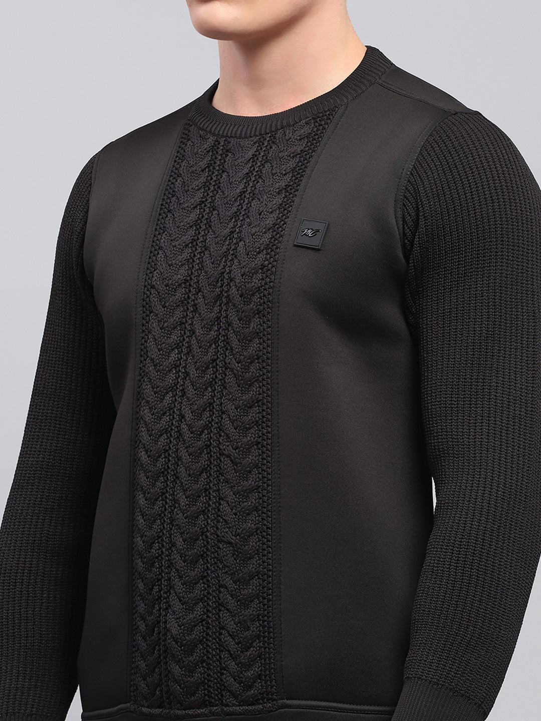 Men Black Self Design Round Neck Full Sleeve Pullover