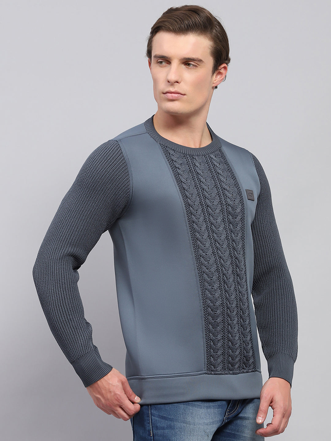 Men Grey Self Design Round Neck Full Sleeve Pullover