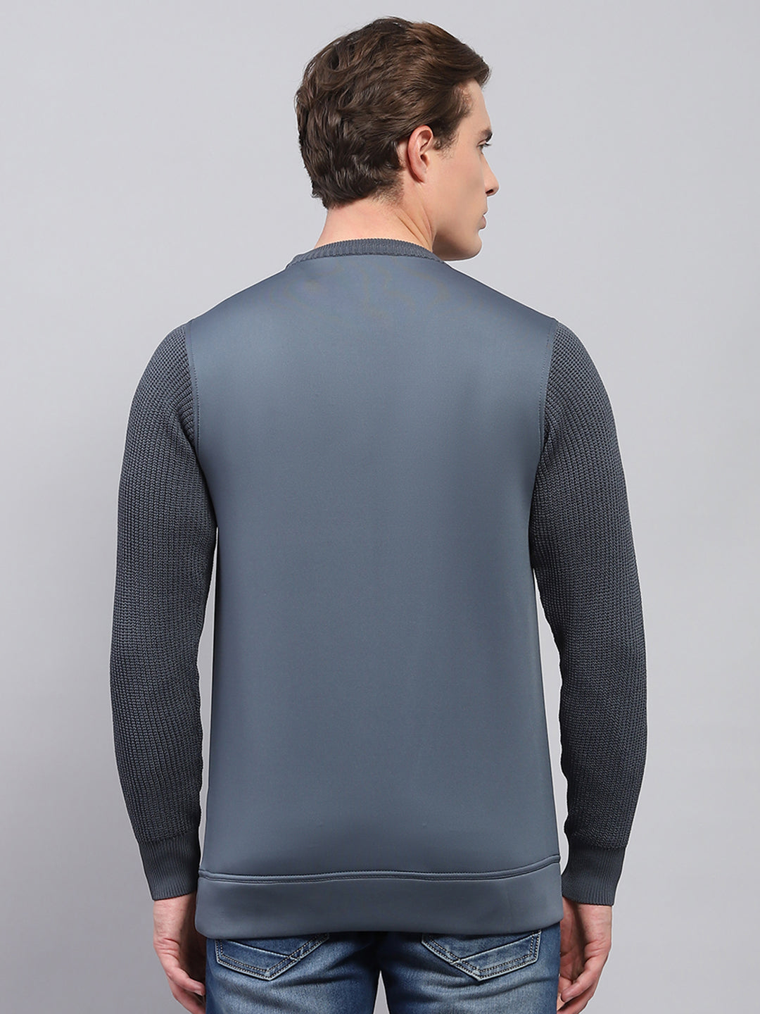 Men Grey Self Design Round Neck Full Sleeve Pullover