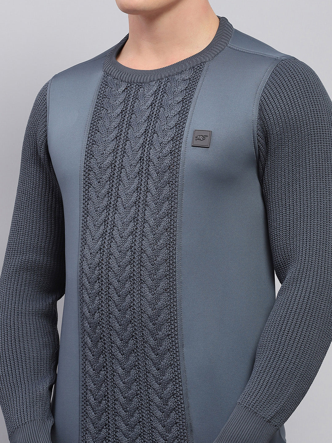 Men Grey Self Design Round Neck Full Sleeve Pullover