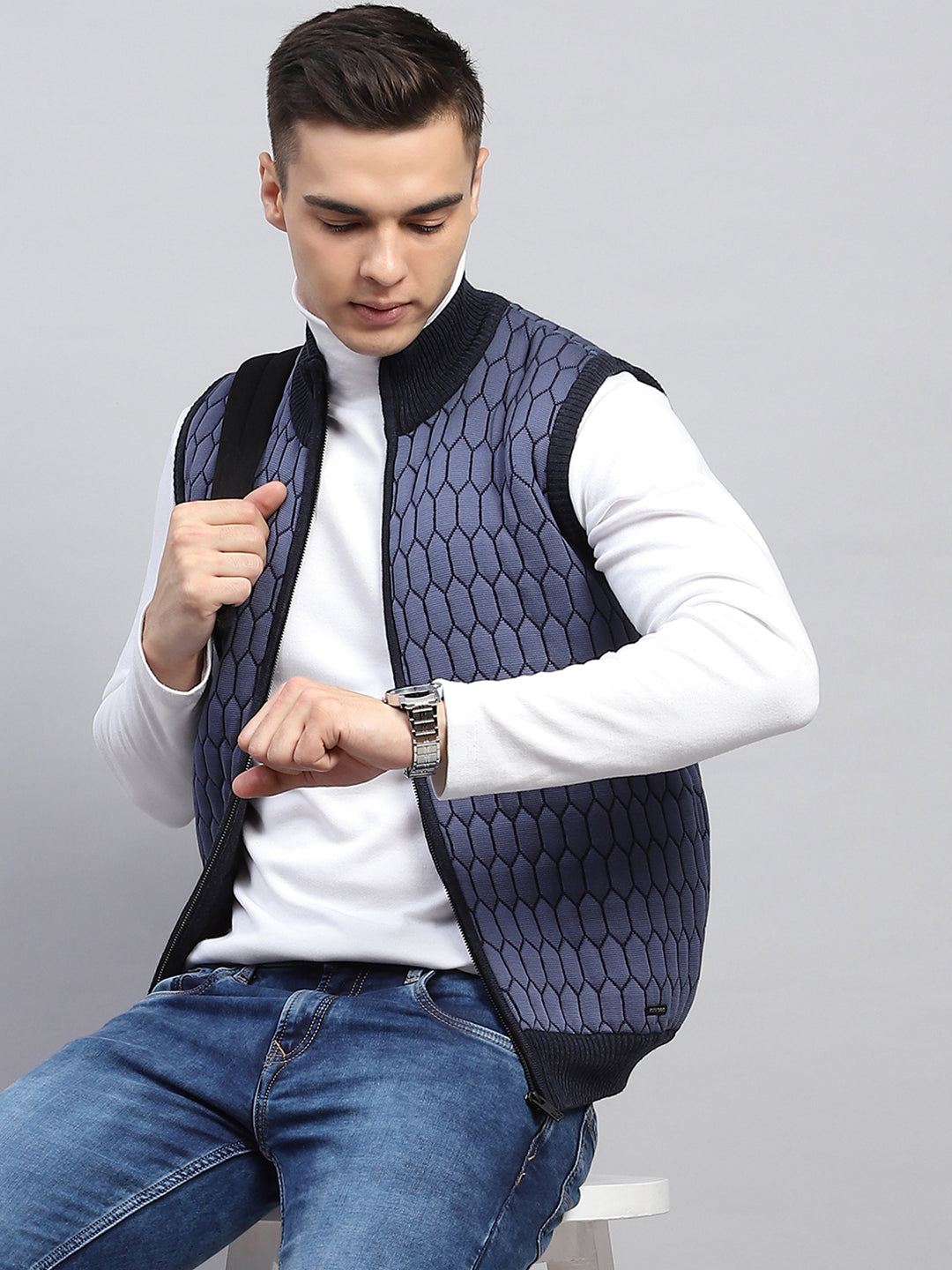 Men Navy Blue Self Design Mock Neck Sleeveless Jacket