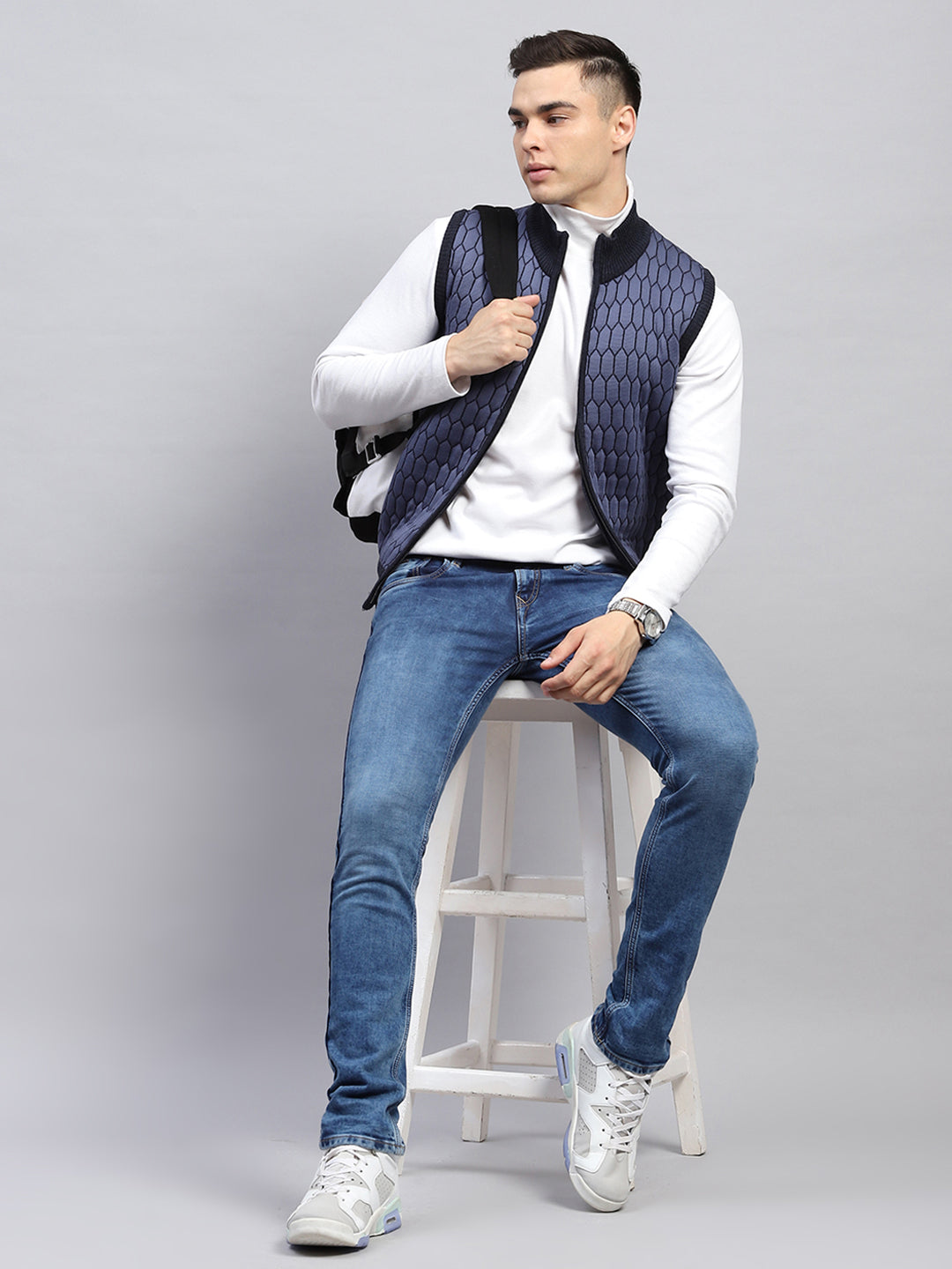 Men Navy Blue Self Design Mock Neck Sleeveless Jacket