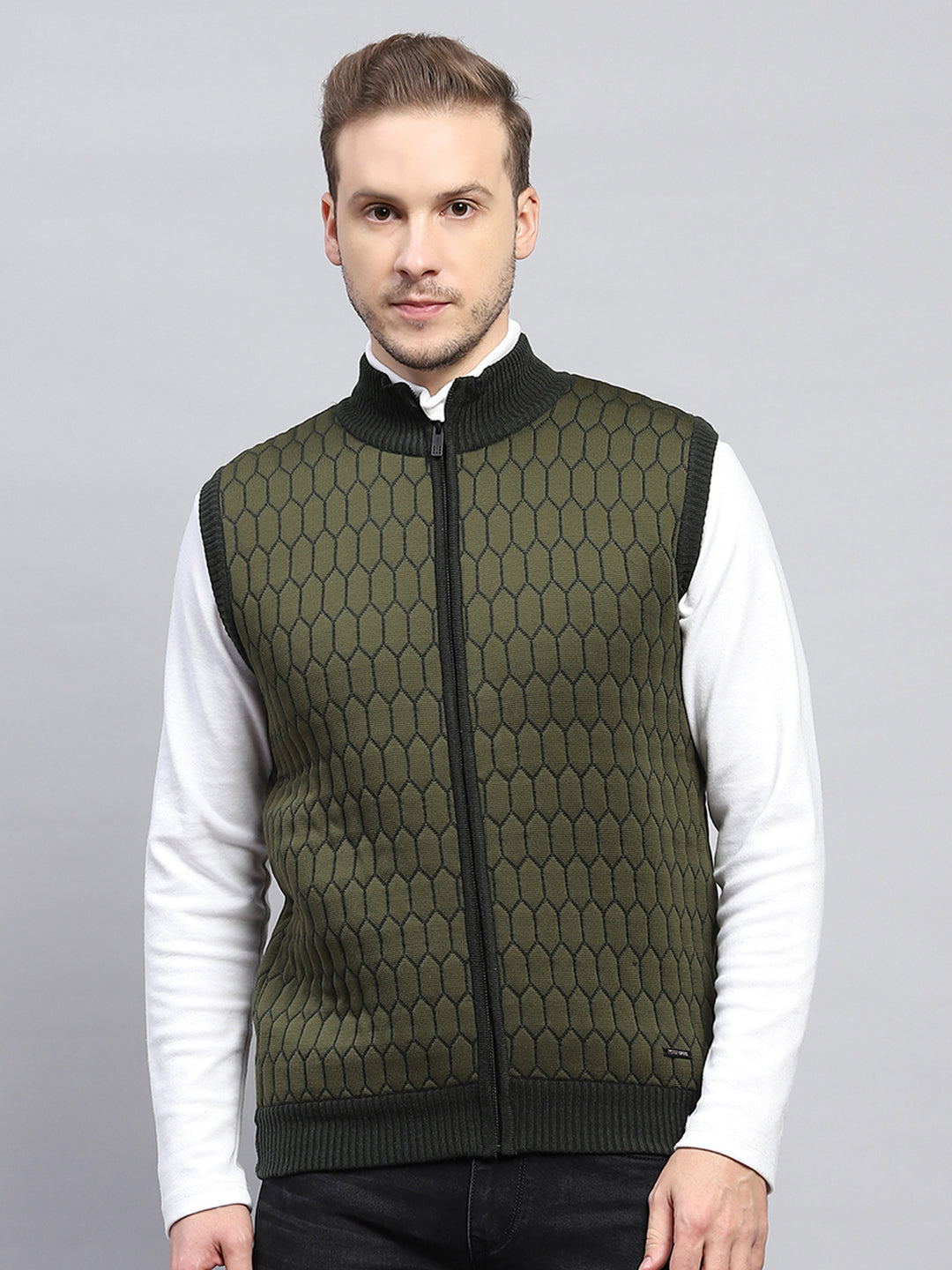 Men Olive Self Design Mock Neck Sleeveless Jacket