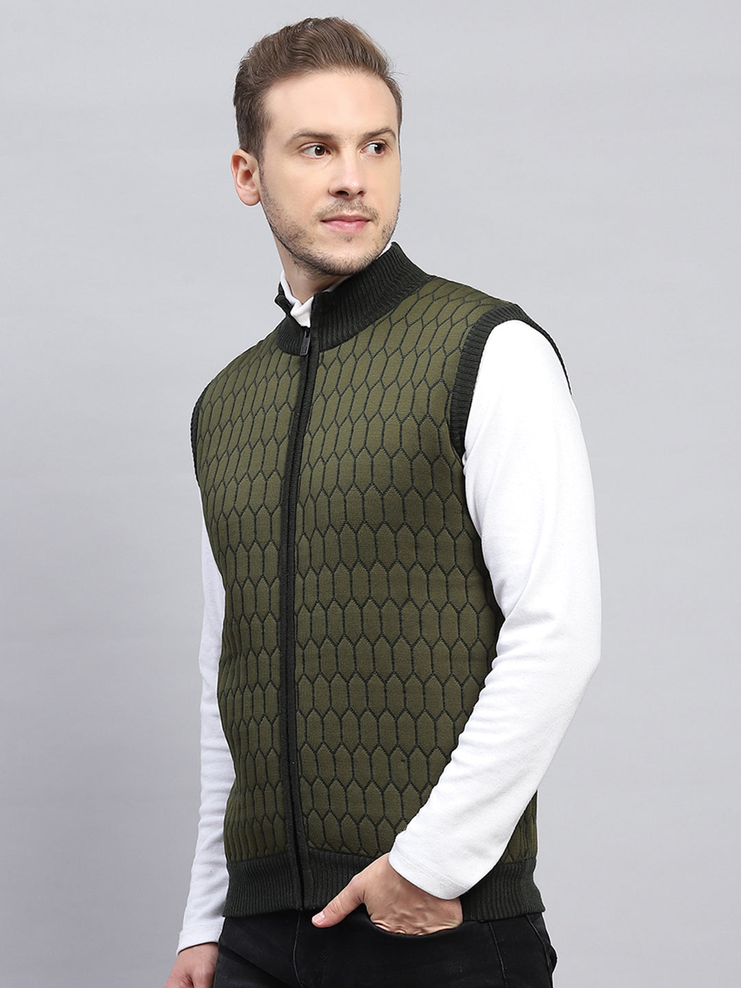 Men Olive Self Design Mock Neck Sleeveless Jacket