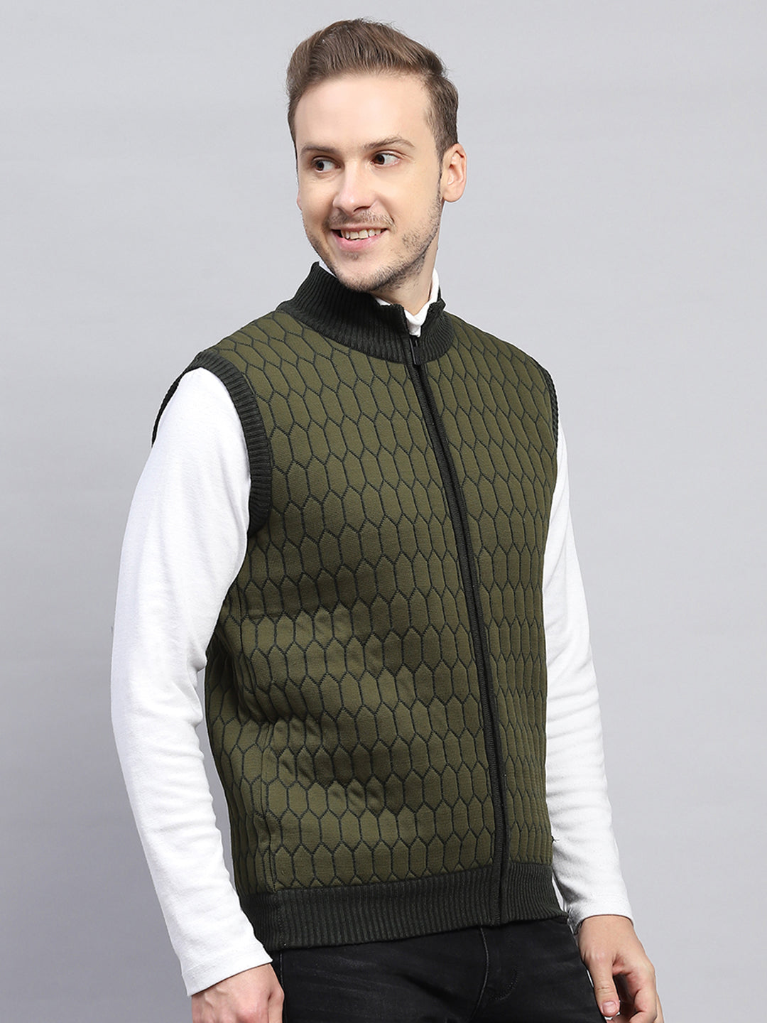 Men Olive Self Design Mock Neck Sleeveless Jacket