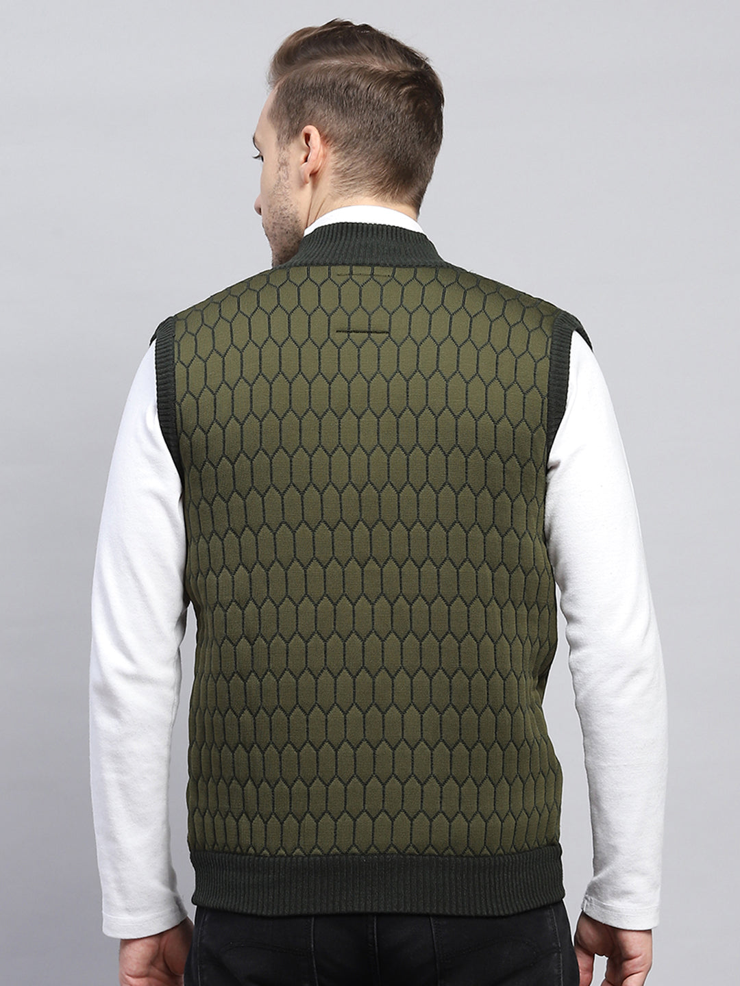 Men Olive Self Design Mock Neck Sleeveless Jacket