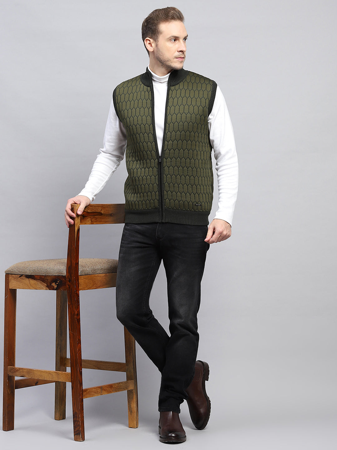 Men Olive Self Design Mock Neck Sleeveless Jacket