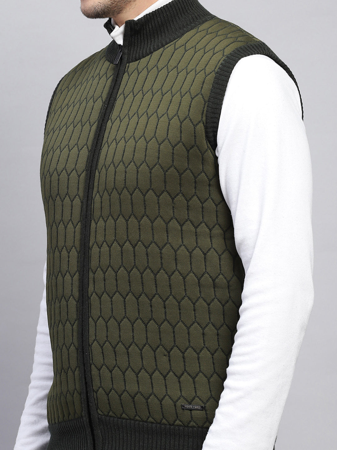 Men Olive Self Design Mock Neck Sleeveless Jacket