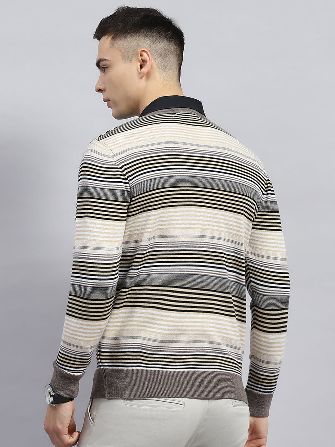 Men Beige Stripe V Neck Full Sleeve Pullover