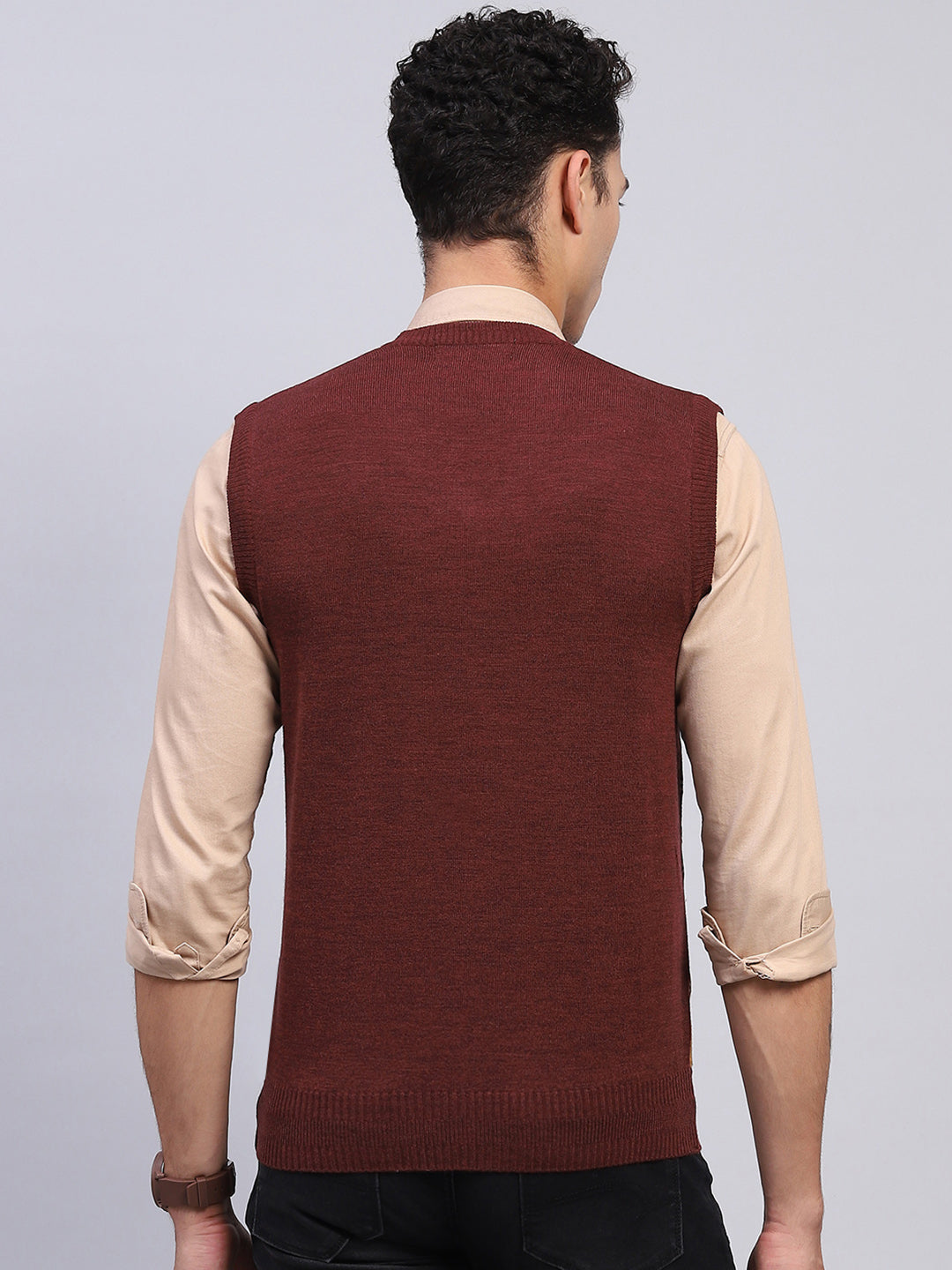 Men Rust Self Design V Neck Sleeveless Sweater