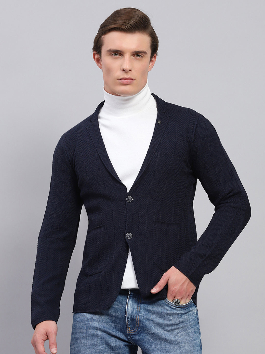 Men Navy Blue Self Design V Neck Full Sleeve Coat