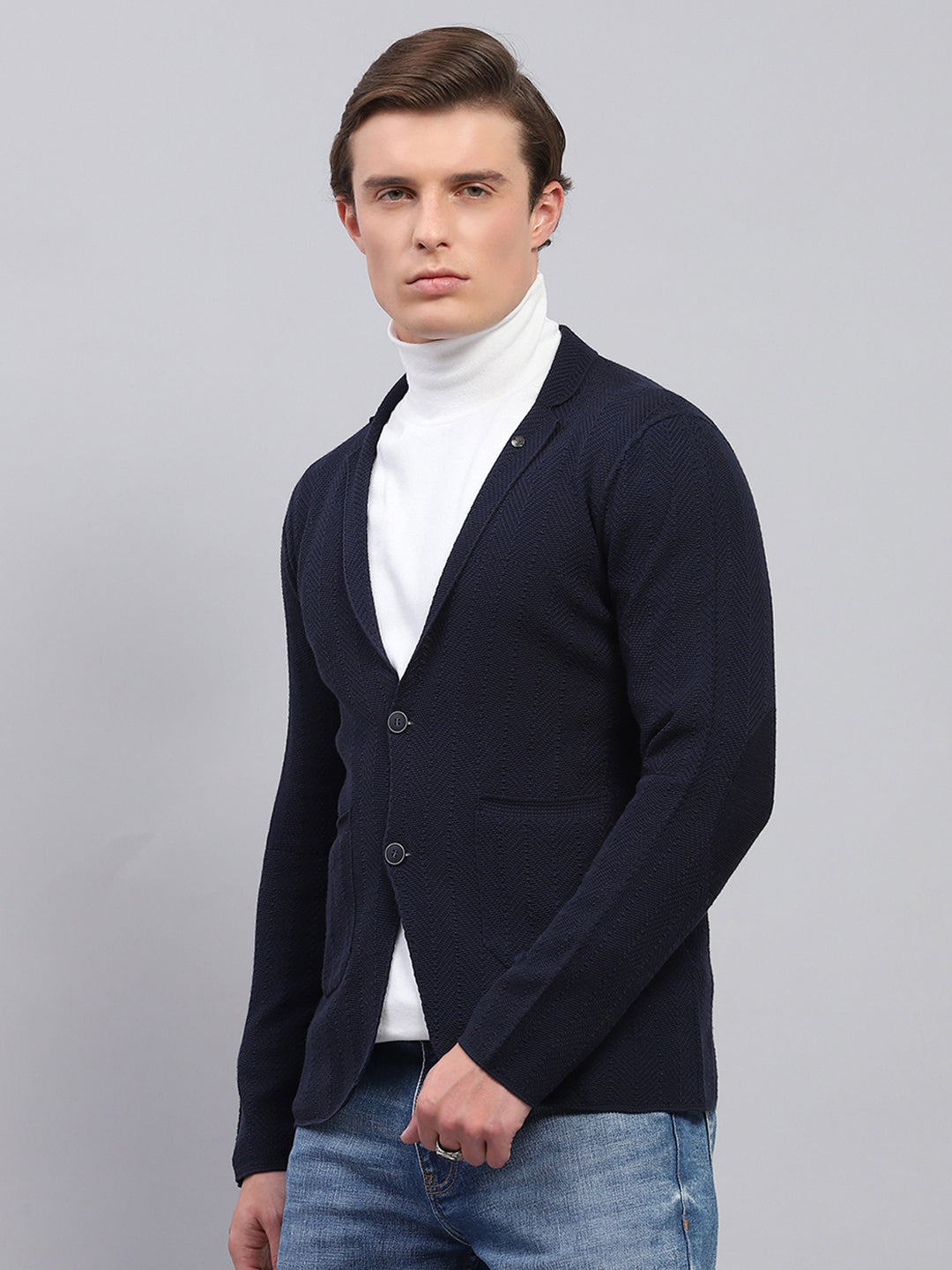 Men Navy Blue Self Design V Neck Full Sleeve Coat