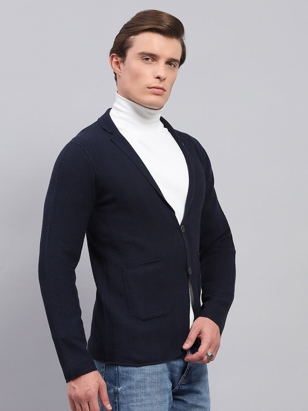 Men Navy Blue Self Design V Neck Full Sleeve Coat