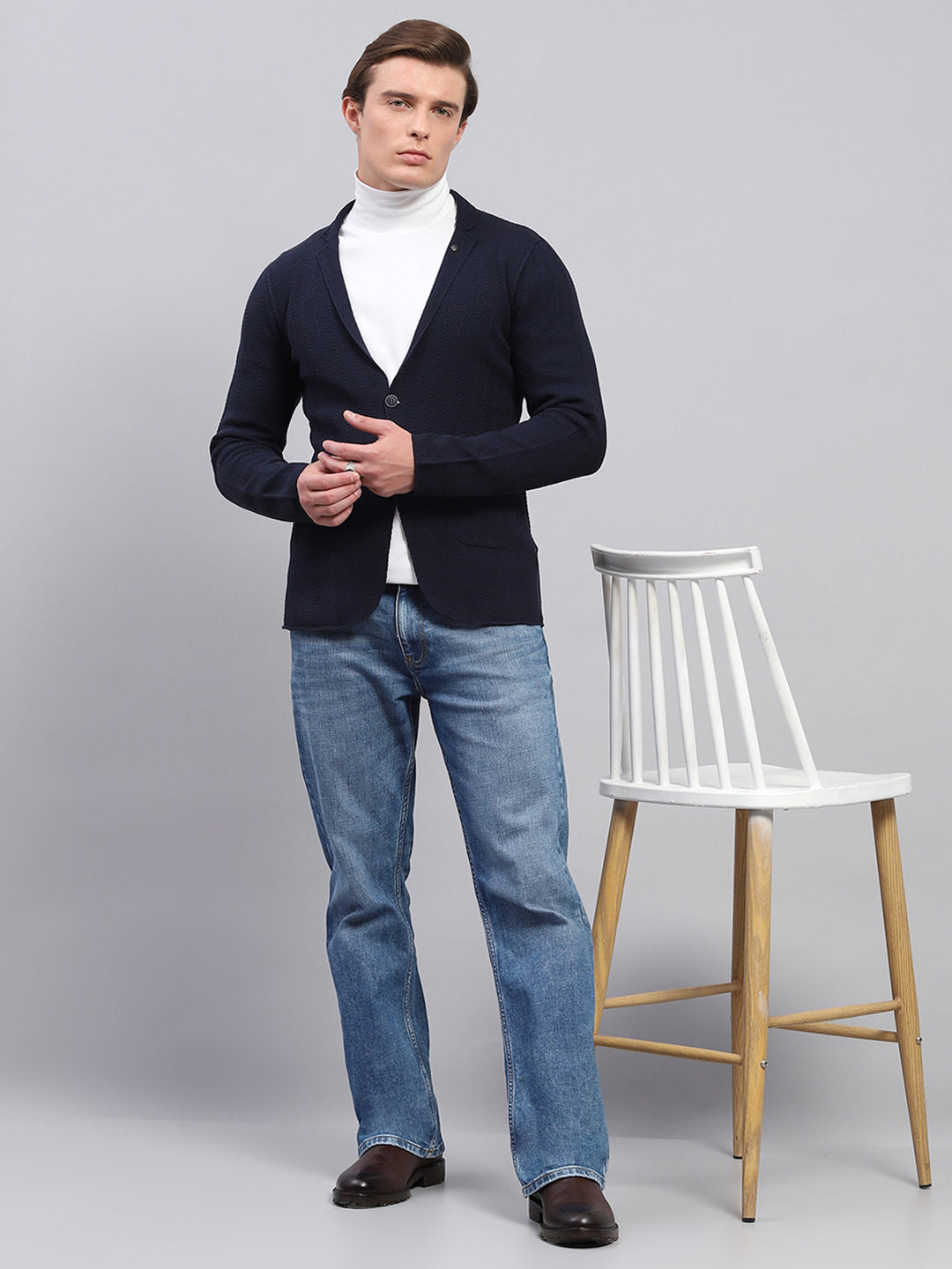 Men Navy Blue Self Design V Neck Full Sleeve Coat