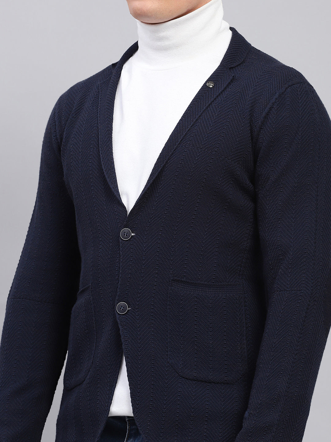 Men Navy Blue Self Design V Neck Full Sleeve Coat