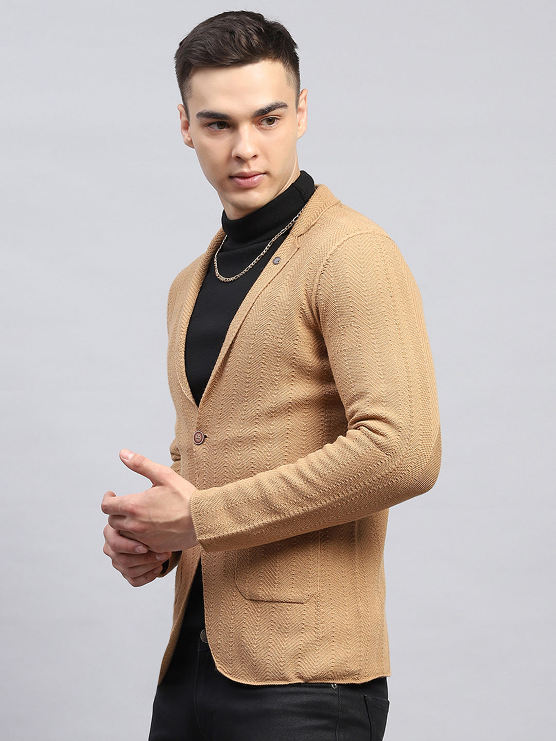 Men Beige Self Design V Neck Full Sleeve Coat