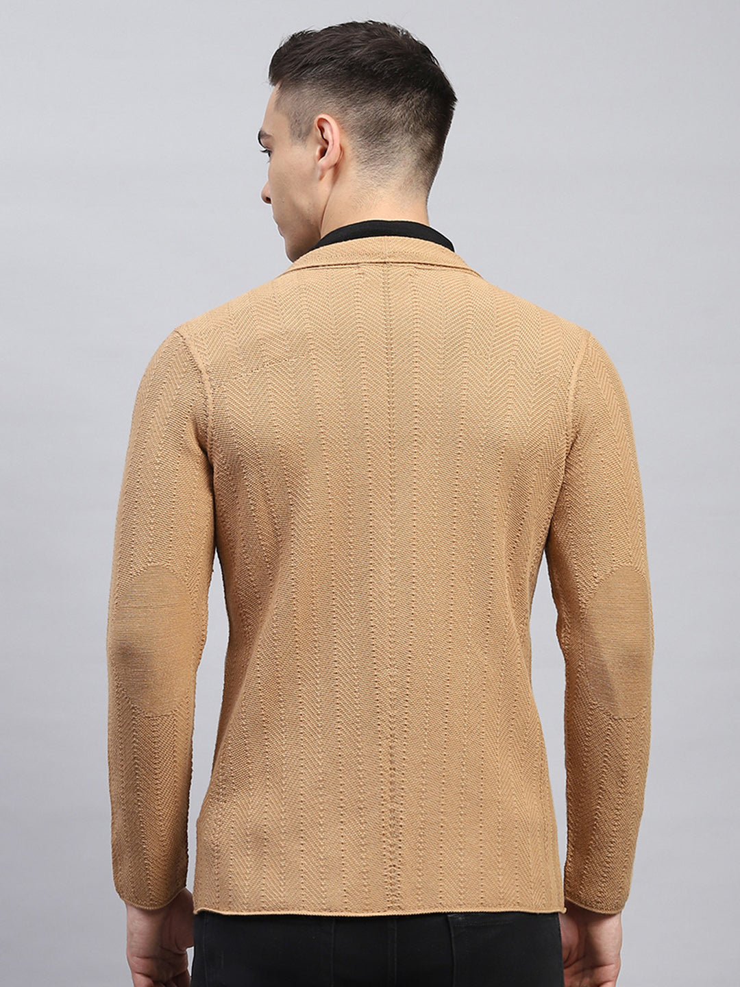 Men Beige Self Design V Neck Full Sleeve Coat