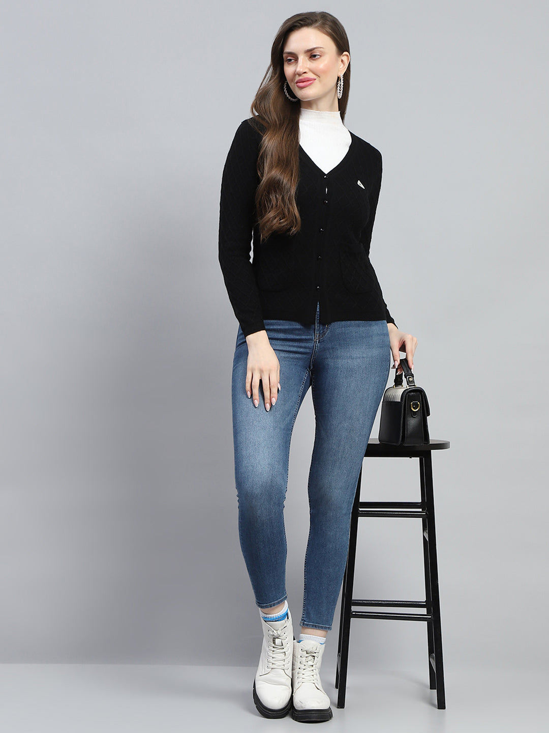 Women Black Self Design V Neck Full Sleeve Cardigan