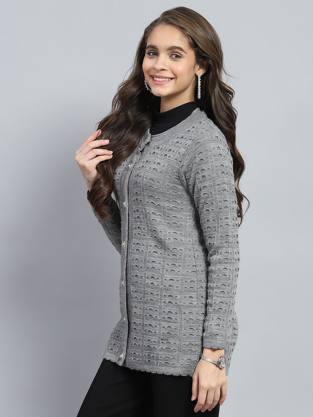 Women Grey Self Design Round Neck Full Sleeve Cardigan