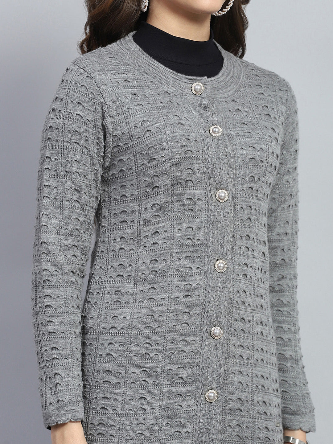 Women Grey Self Design Round Neck Full Sleeve Cardigan