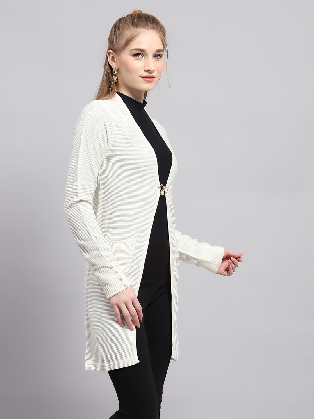 Women White Self Design Front Open Full Sleeve Cardigan