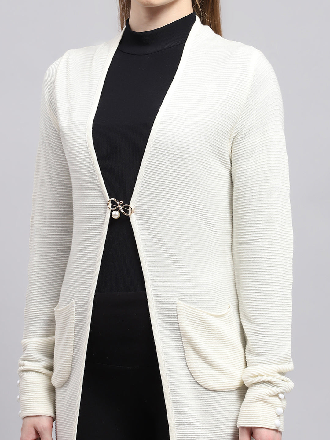 Women White Self Design Front Open Full Sleeve Cardigan