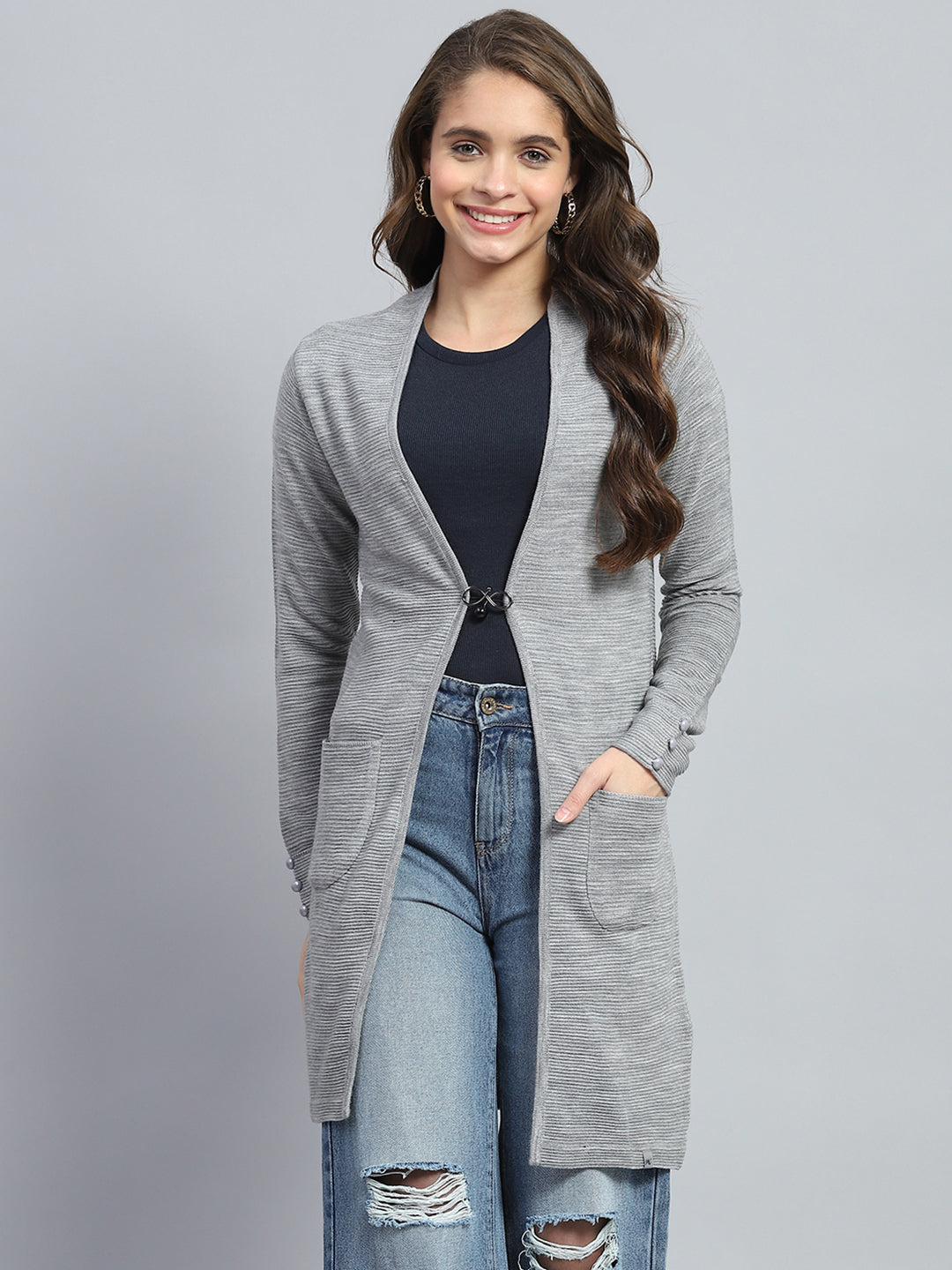 Women Grey Self Design Round Neck Full Sleeve Cardigan