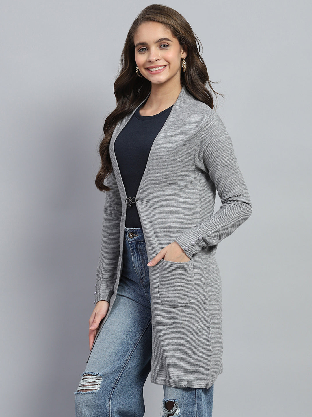 Women Grey Self Design Round Neck Full Sleeve Cardigan