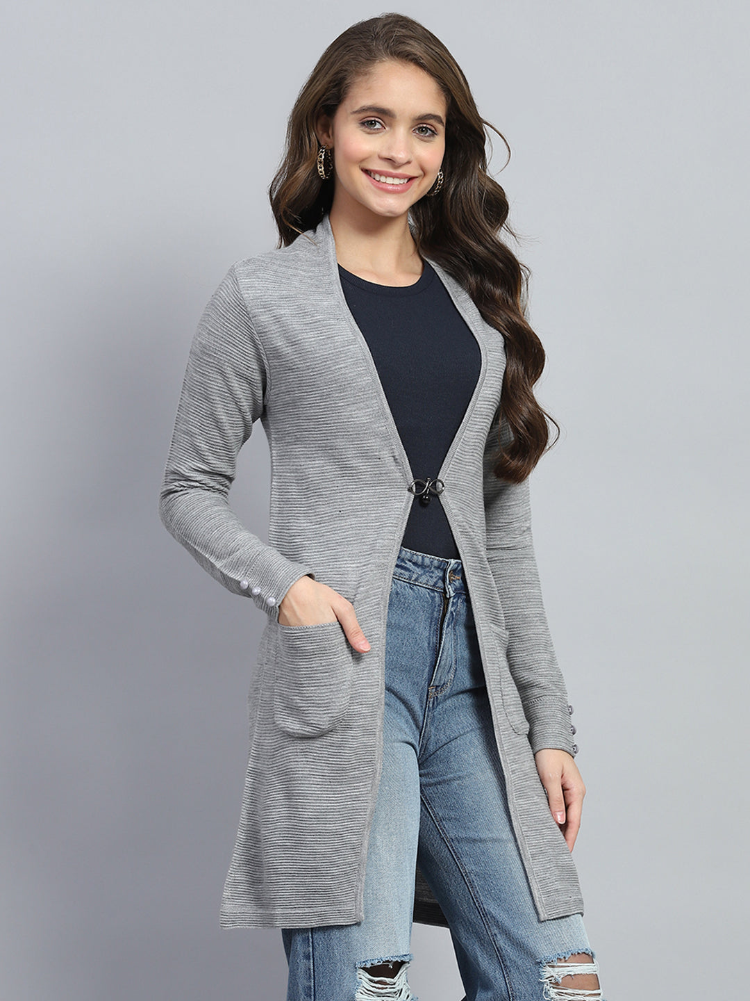 Women Grey Self Design Round Neck Full Sleeve Cardigan