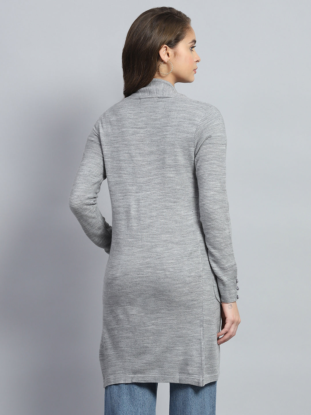 Women Grey Self Design Round Neck Full Sleeve Cardigan