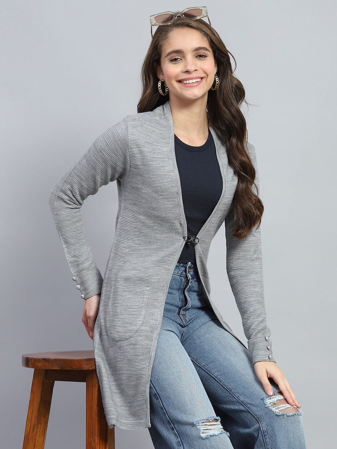 Women Grey Self Design Round Neck Full Sleeve Cardigan