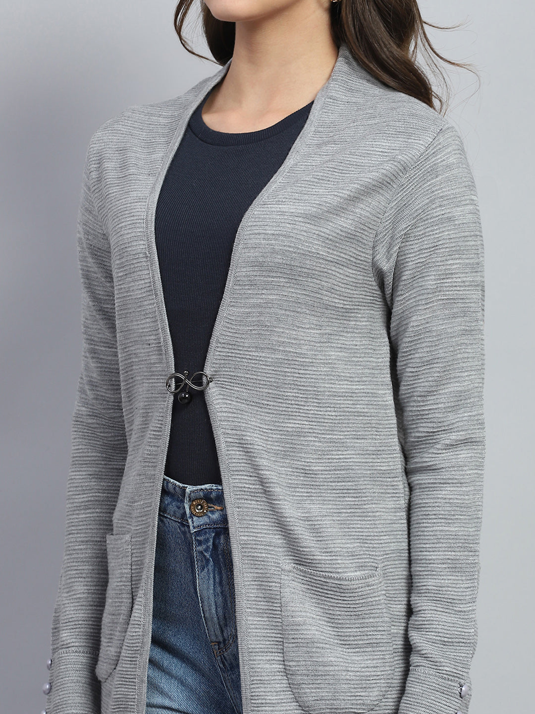 Women Grey Self Design Round Neck Full Sleeve Cardigan