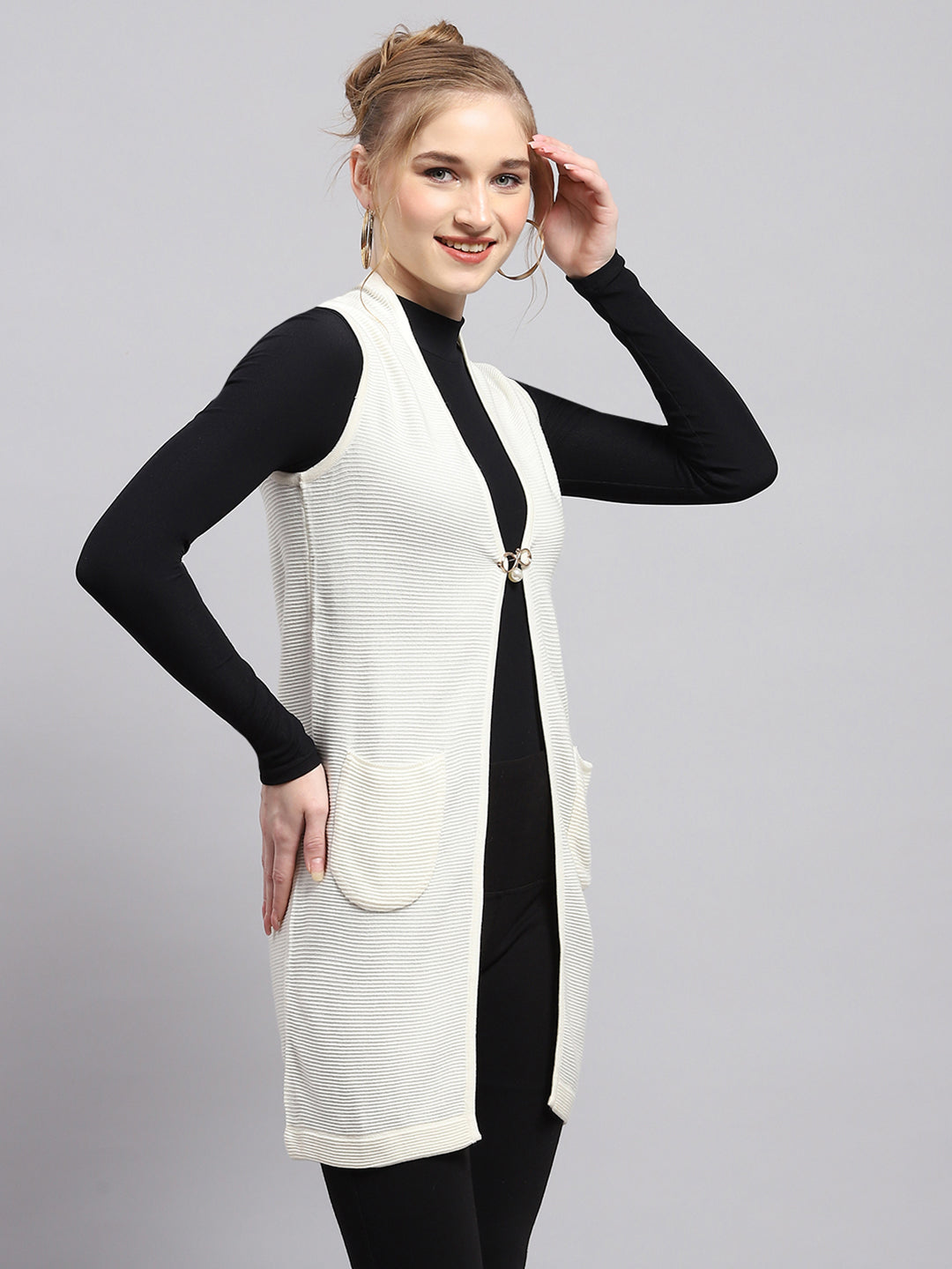 Women White Self Design Front Open Sleeveless Cardigan