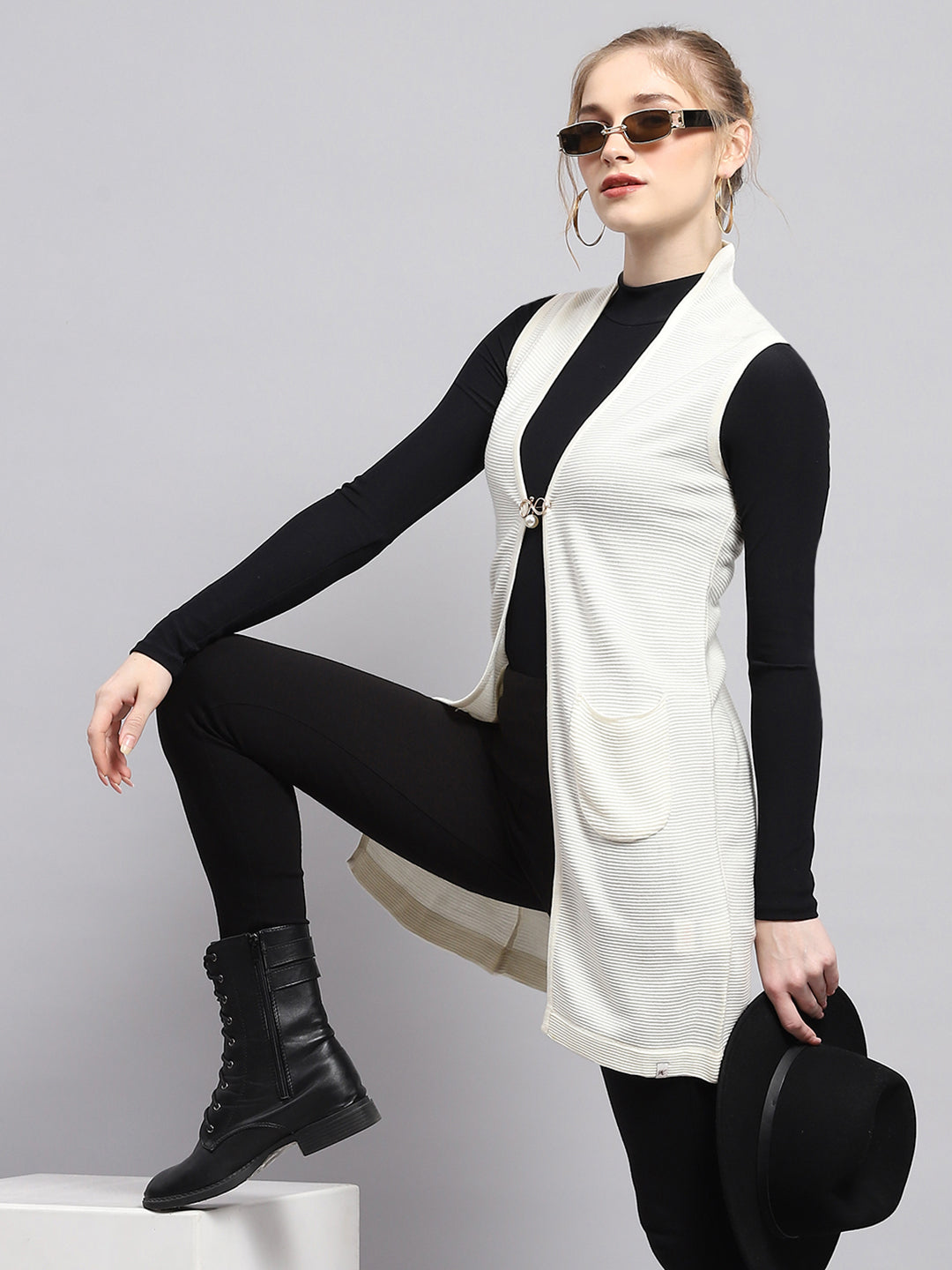 Women White Self Design Front Open Sleeveless Cardigan