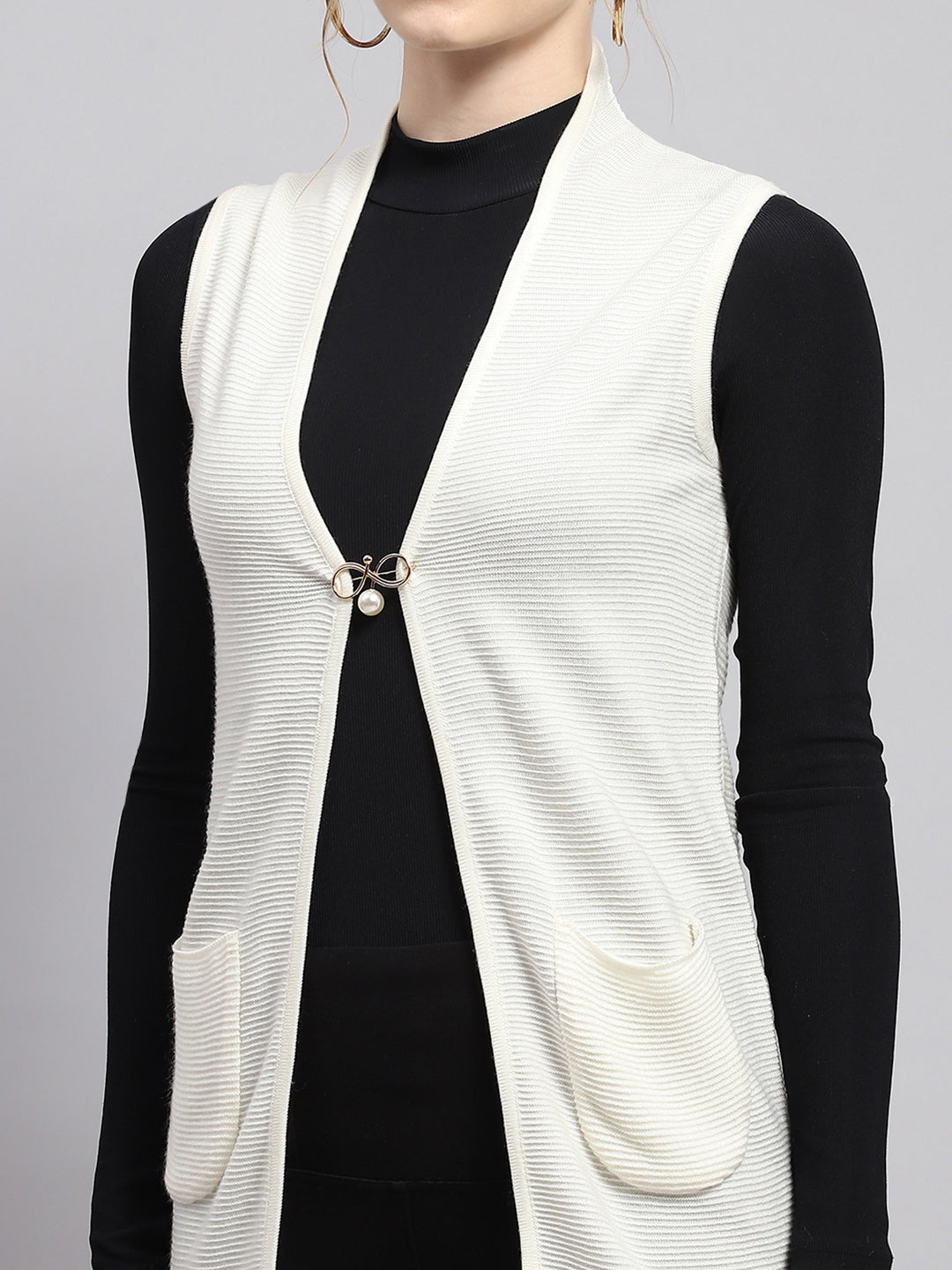 Women White Self Design Front Open Sleeveless Cardigan