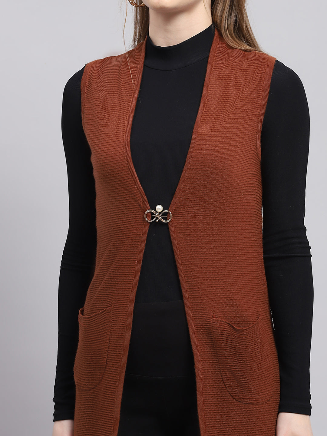 Women Rust Self Design Front Open Sleeveless Cardigan