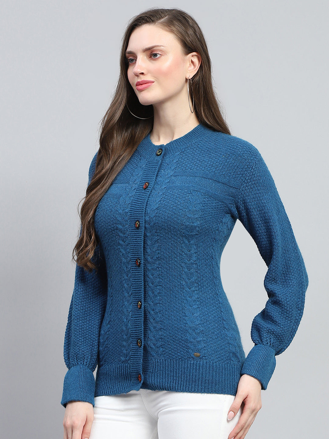 Women Blue Self Design Round Neck Full Sleeve Cardigan