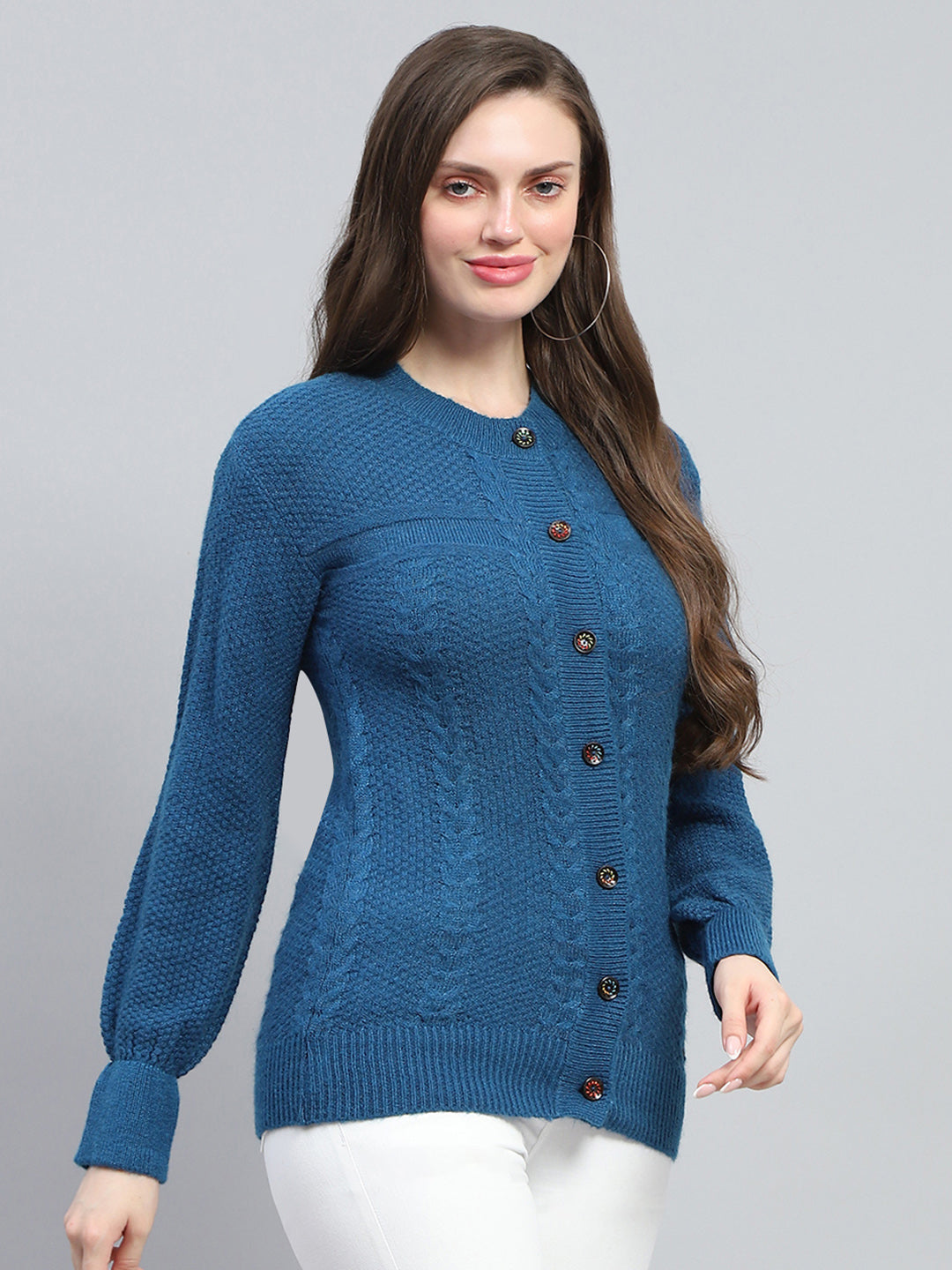 Women Blue Self Design Round Neck Full Sleeve Cardigan