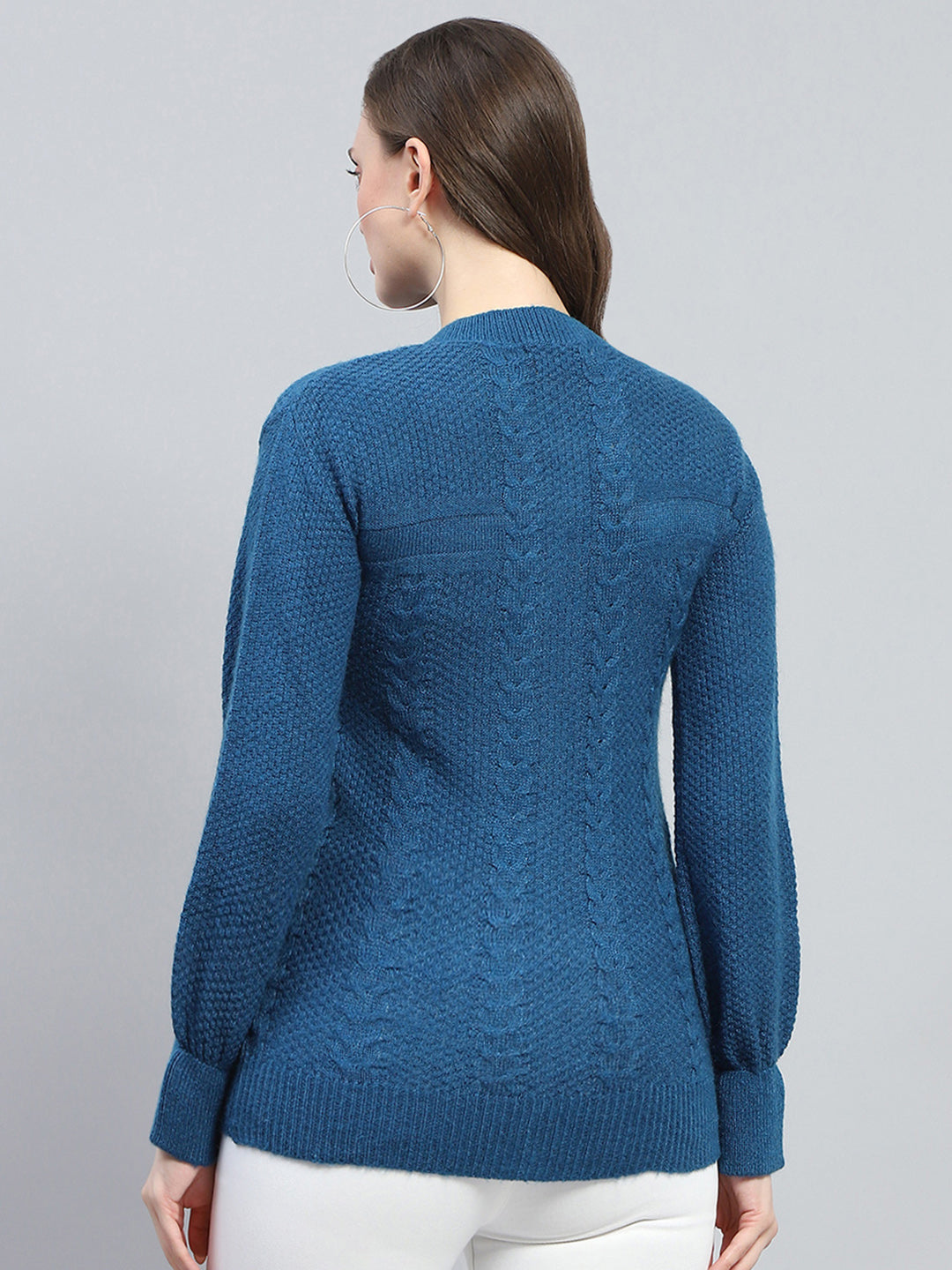 Women Blue Self Design Round Neck Full Sleeve Cardigan