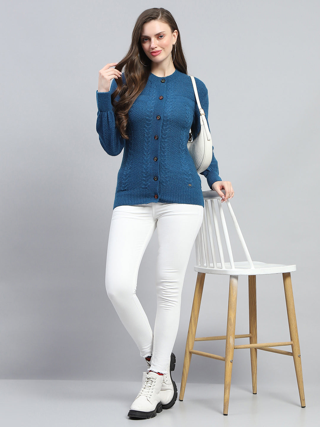 Women Blue Self Design Round Neck Full Sleeve Cardigan