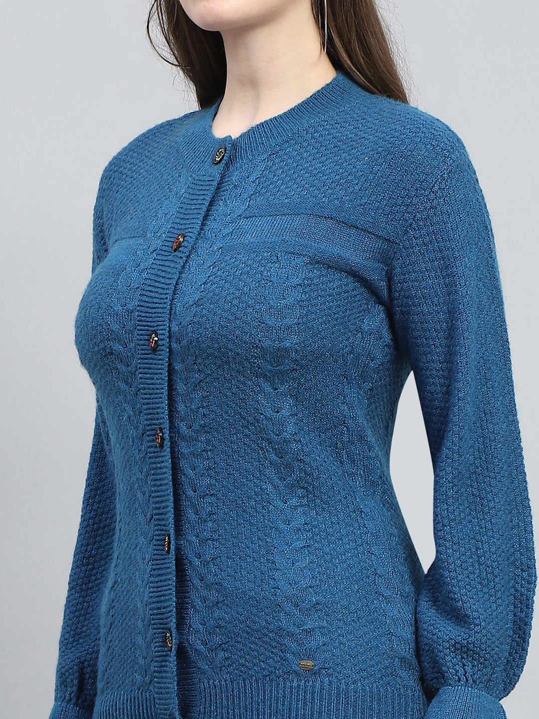 Women Blue Self Design Round Neck Full Sleeve Cardigan